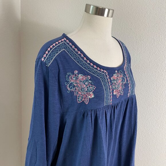 NorthStyle Womens Plus 2X Embroidered Tunic Top Blue 3/4 Sleeve Boho Shirt - Picture 2 of 11